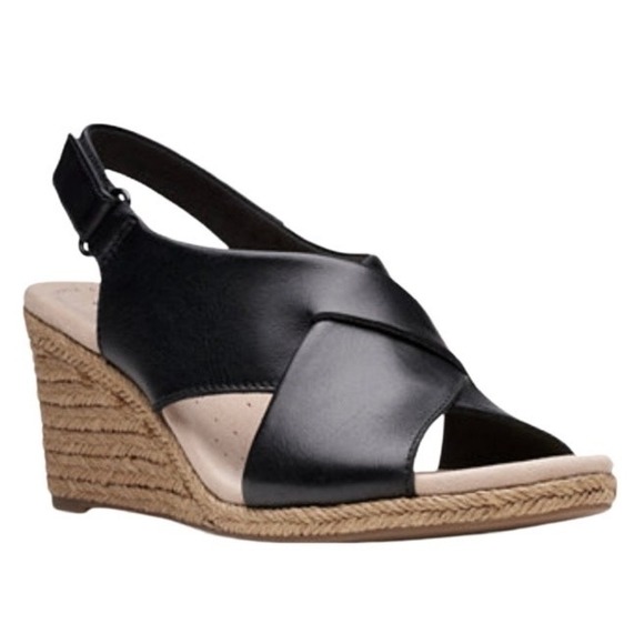 Clarks Shoes - Clarks Collection Lafley Alaina Black Leather Espadrille Wedge Sandals 7.5M EUC